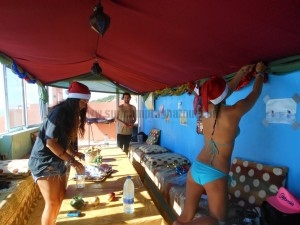 Christmas elves decorating the camp