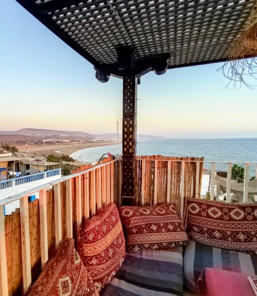 Panorama beach view from our rooftop terrace lounge taghazout morocco africa